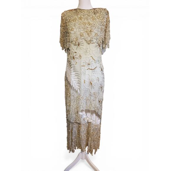 Vintage Dresses & Skirts - Vintage 1970s Retro Green Silk Floral Palm Leaf Gold Beaded Maxi Dress